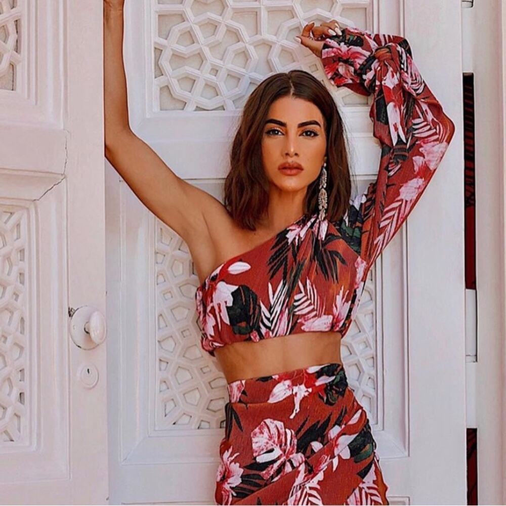 Camila Coelho Tropical Floral Winema One Sleeve Flouncy Crop Top XS